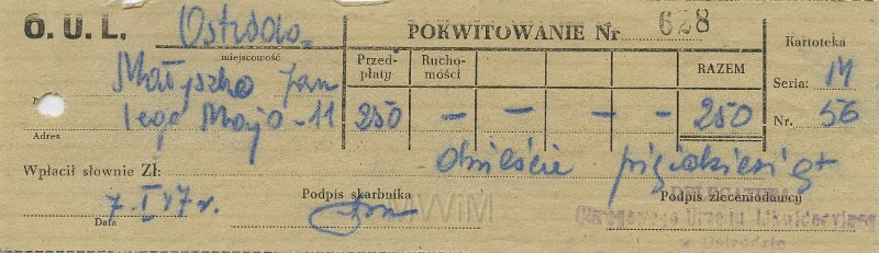 KKE 5313.jpg - Dok. Karta Meldunkowa, Jan Małyszko, Ostróda, 7 I 1947 r.